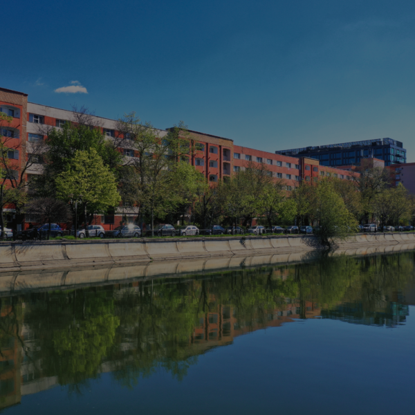 Row of red brick apartment buildings along a tree-lined river under a clear blue sky, with modern glass towers in the distance.